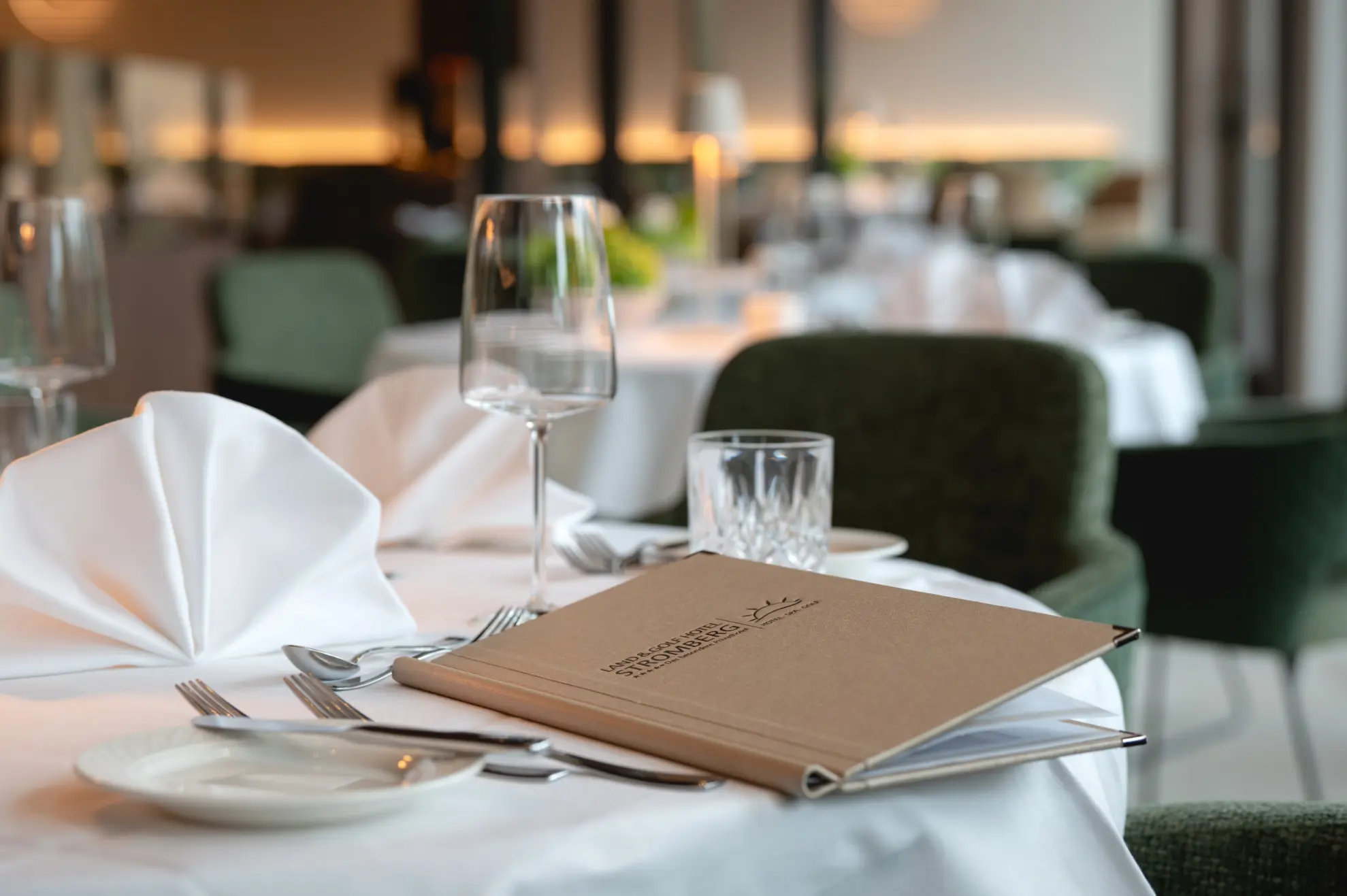 Garten Restaurant  mit festlich eingedecktem Tischen und Speisenkarte